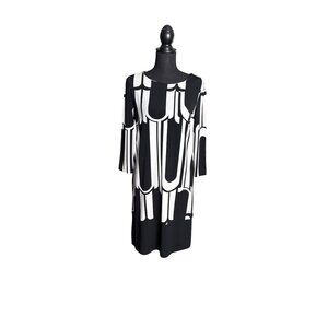 New York & Company Black/White Geometric Shift Dress Stretch Fabric S
